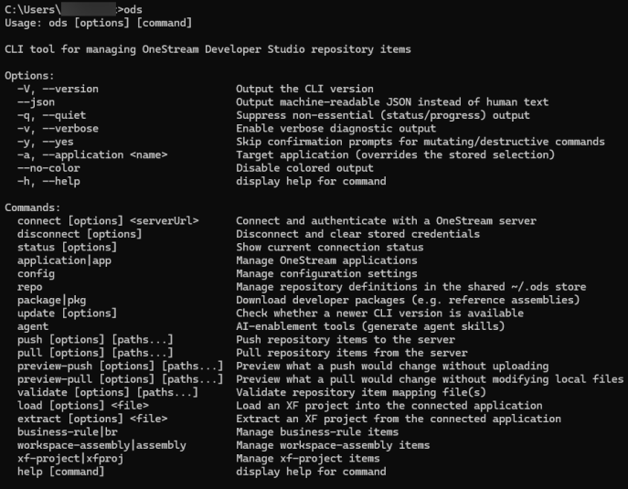 ods is entered and all options and commands display in the CLI